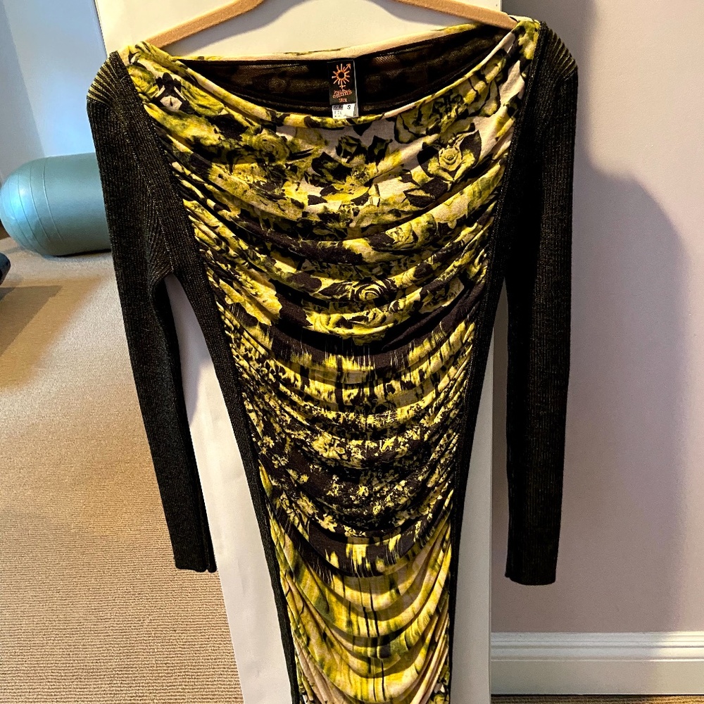 rushed grey and yellow designer midi dress